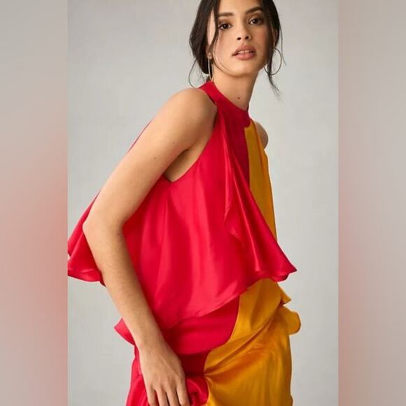 ANTHROPOLOGIE Pinnacle by Shruti Sancheti Mock-Neck Colorblock Ruffle Dress NEW - Picture 2 of 8